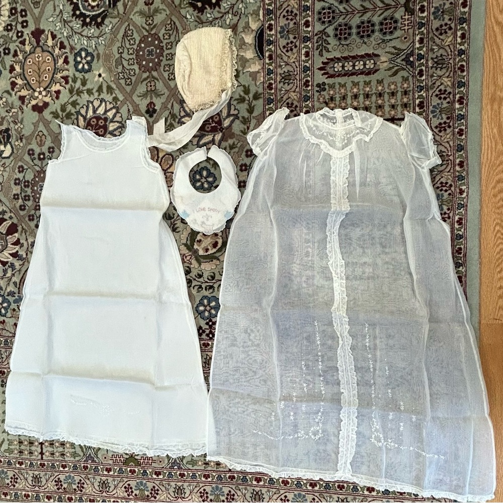 Vintage Rare Embroidered Christening Baptism Dress w Bib & Hat